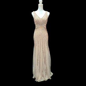 Adrianna Papell Rose Gold & Nude Sequin Beaded Formal Dress Size 4 Vneck Sheer